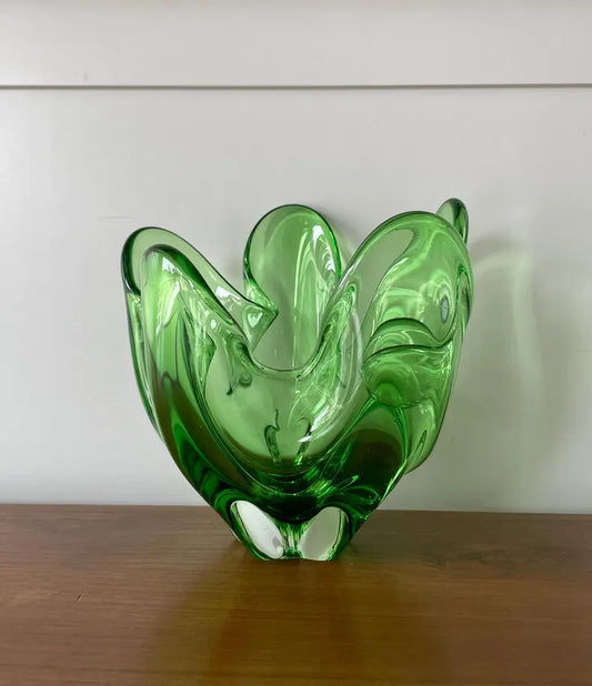 70s Iwatsu Glass Osaka Japan Decorative Green Handkerchief Design Vase, Centrepiece Bowl, Candy Trinket Dish MCM Heavy Glass Art Decor Gift
